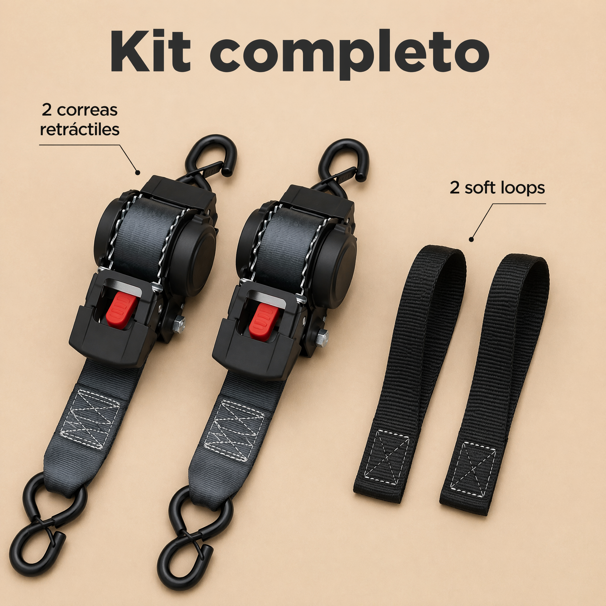 Contenido del kit: 2 correas retráctiles + 2 soft loops