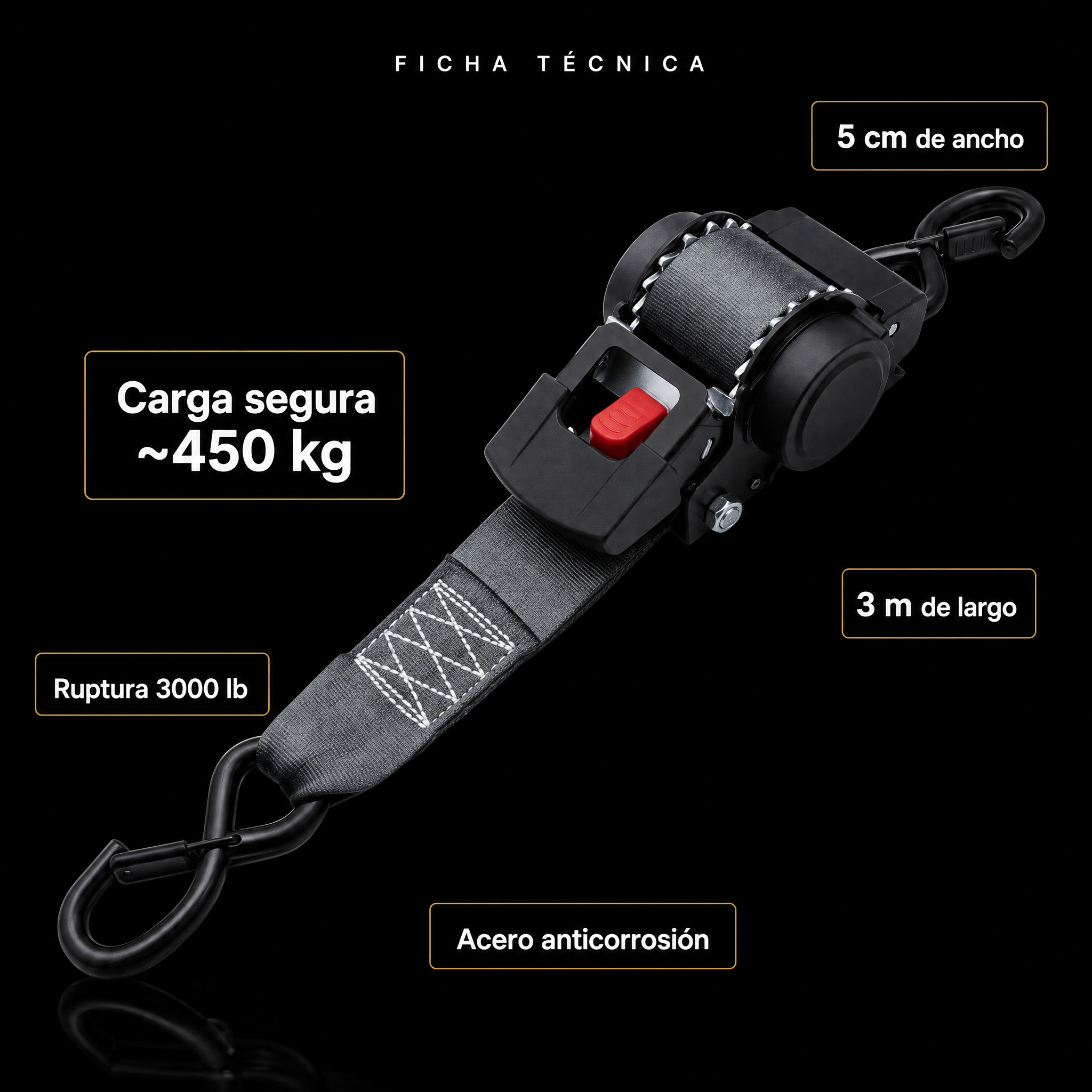 Ficha técnica: 5 cm x 3 m, carga segura ~450 kg