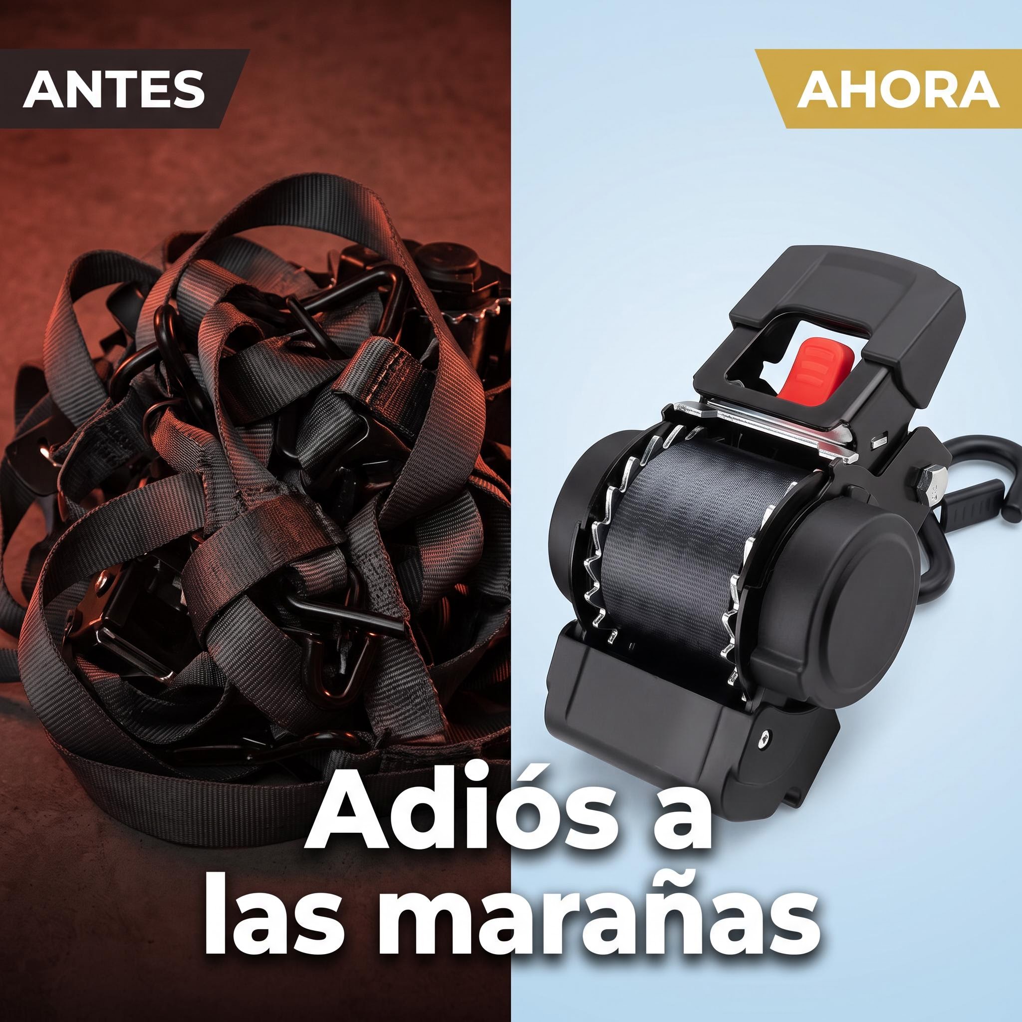 Antes: marañas de correas. Ahora: correa retráctil ordenada