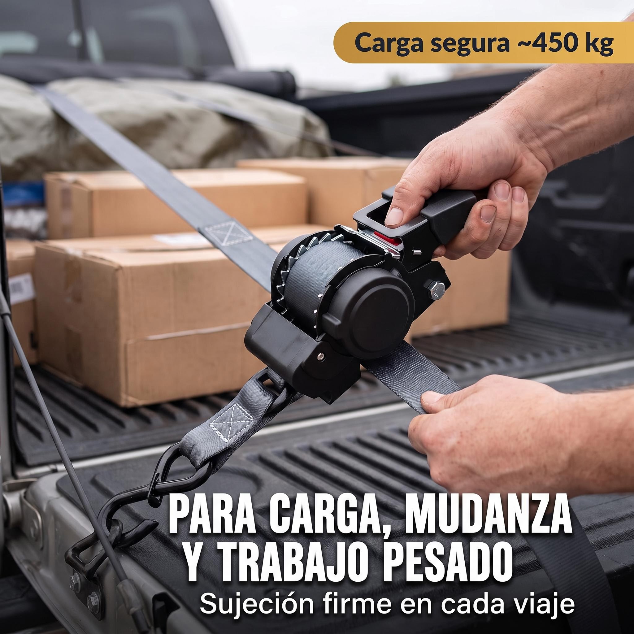 Correa asegurando cajas y carga en la batea de una camioneta